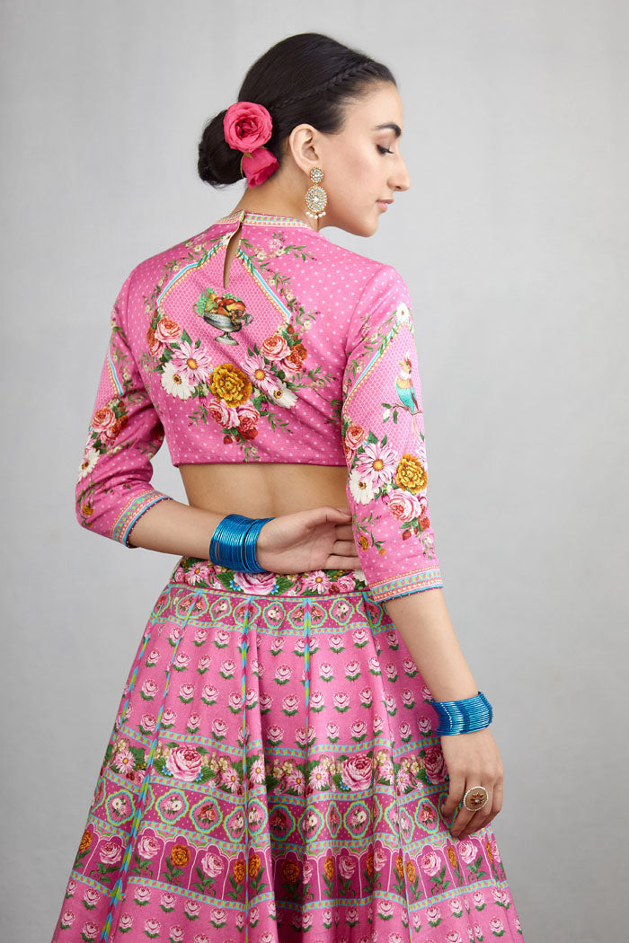 Digital printed side open pink blouse in Handwoven chanderi