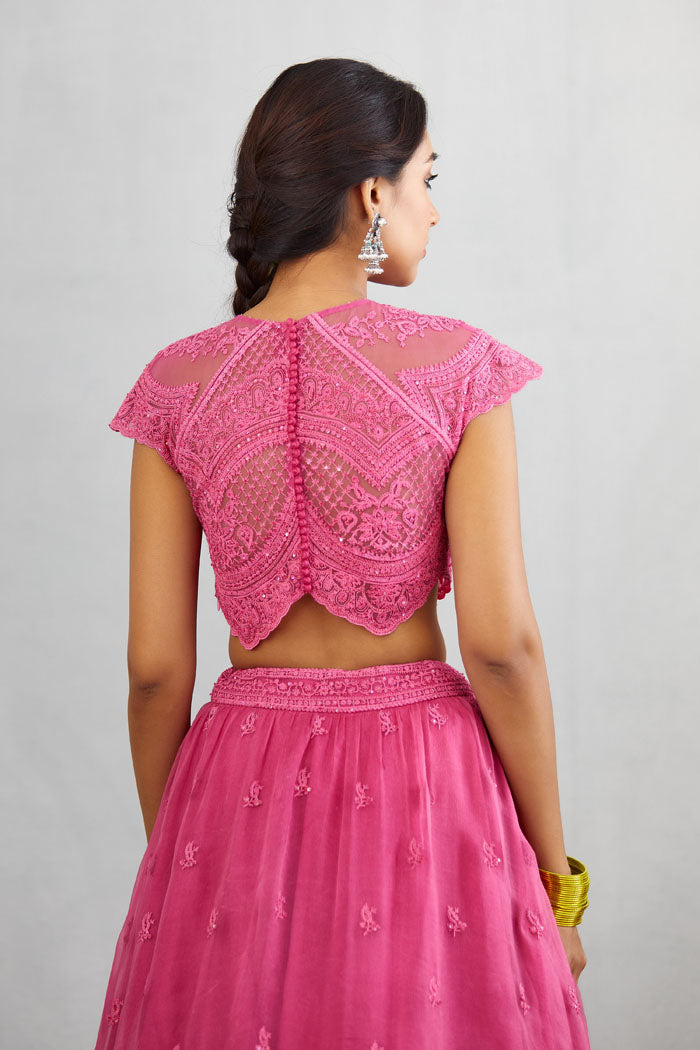 Torani's Heavy embroidered pink organza blouse for lehenga