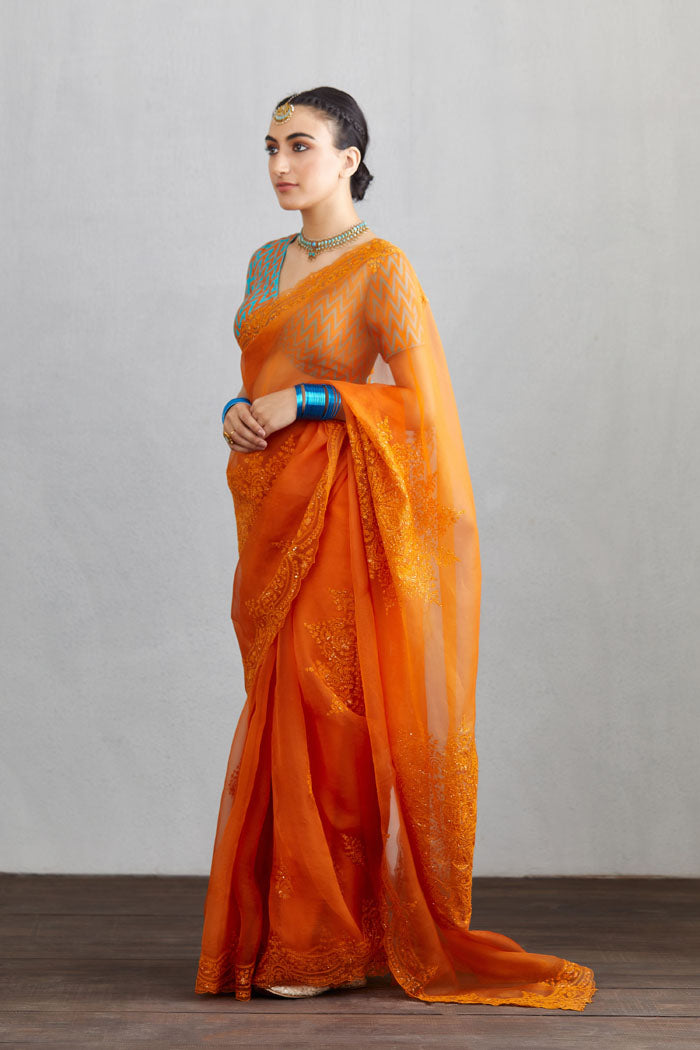 Orange Organza Saree with Hand adda work