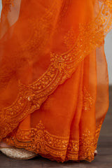 Orange Organza Saree with Hand embroidery