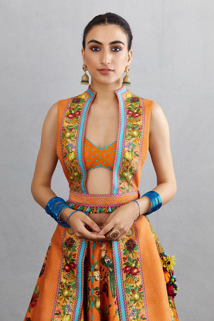 Digital printed lehenga set with cape &amp; belt