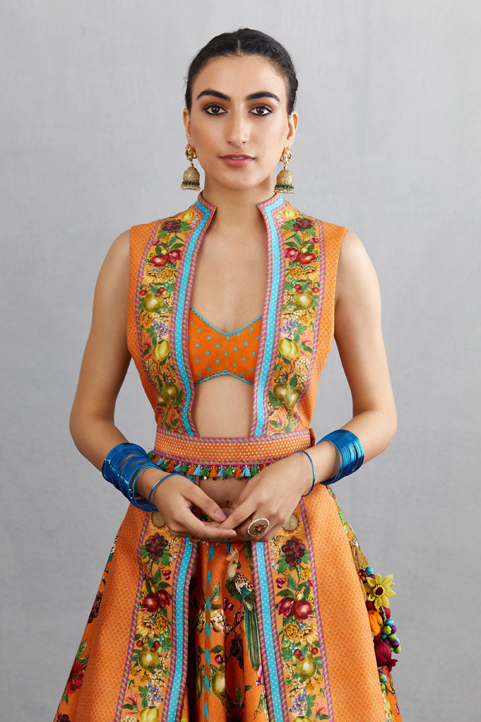 Digital printed lehenga set with cape &amp; belt