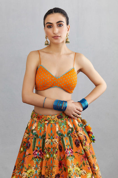 Dot printed orange choli in handwoven chanderi