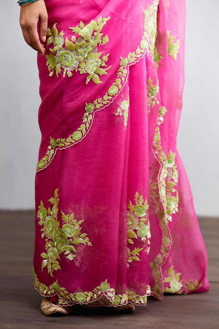 Pink Organza saree with heavy embroidery