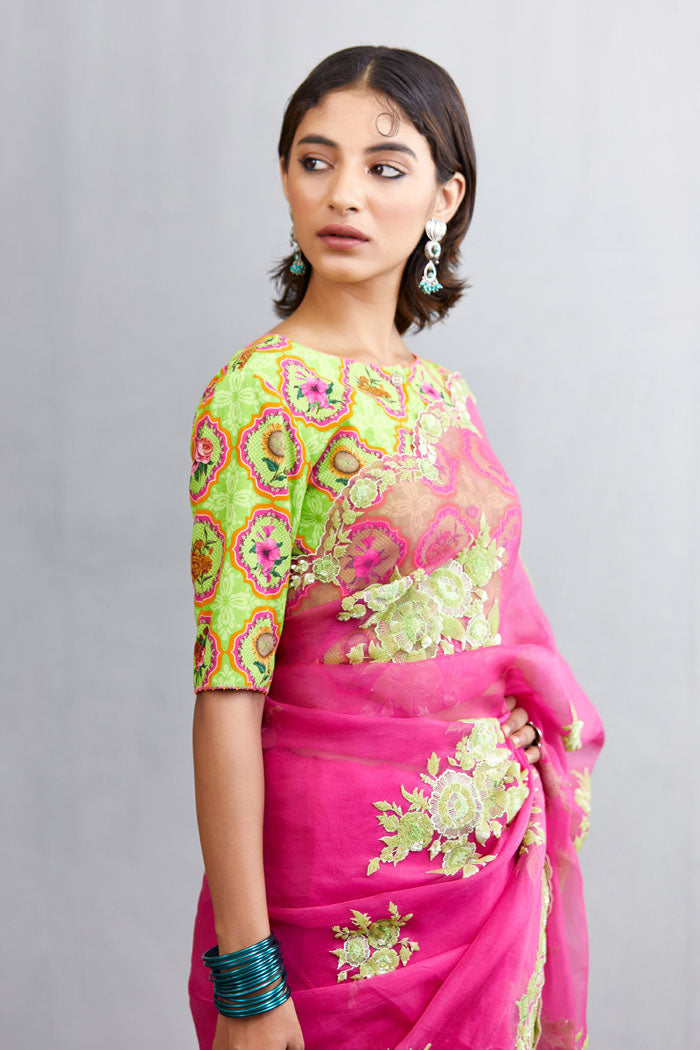 Solid Pink Organza saree with hand embroidery