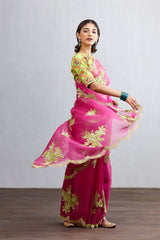 Pink Organza saree with patch work