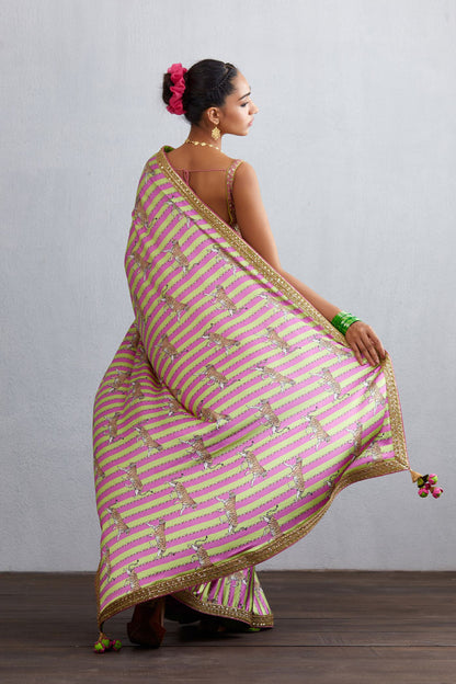 Tiger printed striped saree in satin