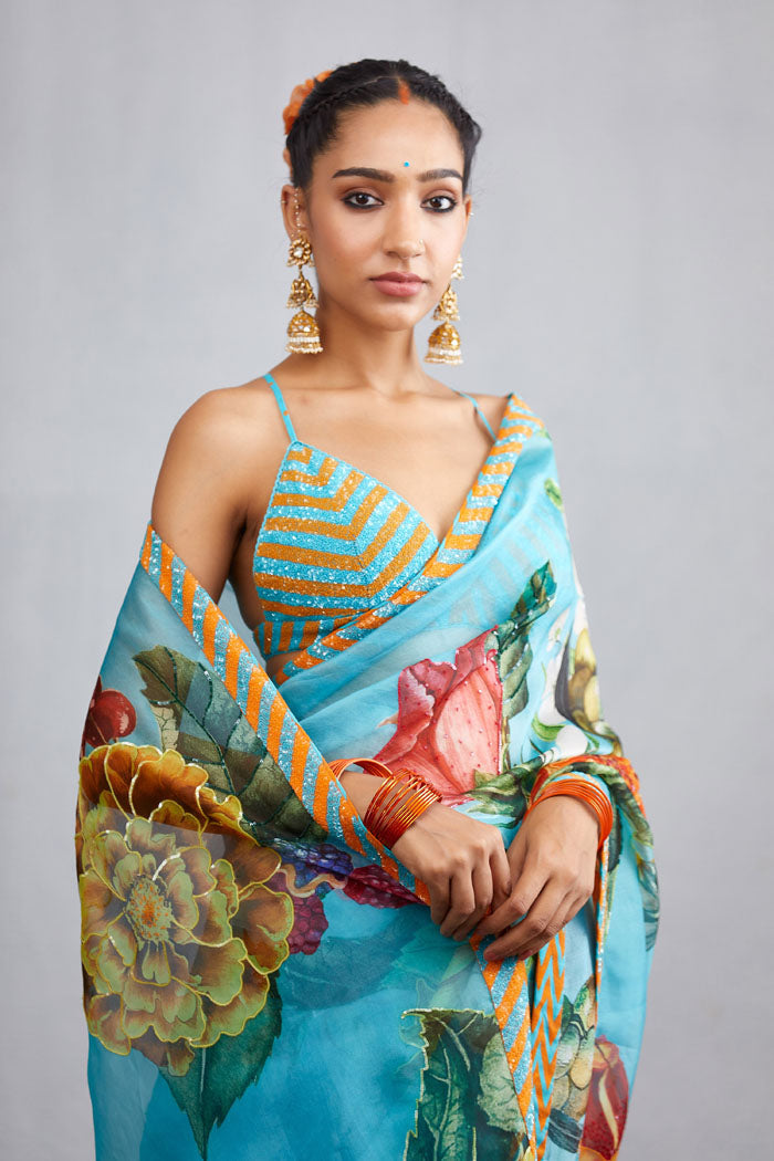 Blue printed Saree in Silk Organza