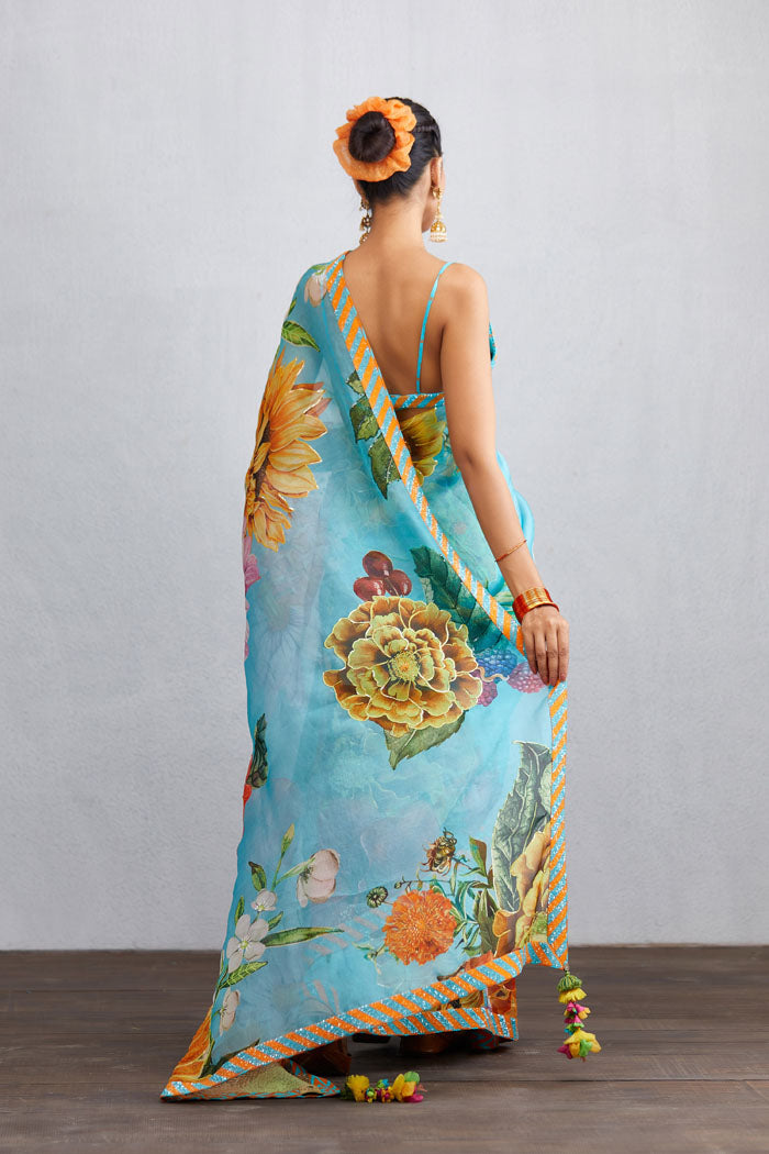 Blue digital printed Saree in luxurious Silk Organza