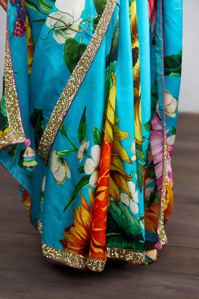 Blue organza saree with digital print