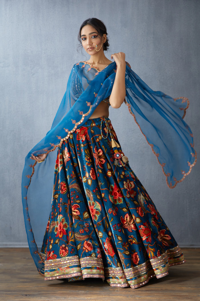 Blue Lehenga Set in luxurious silk velvet with organza dupatta
