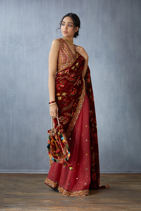 Red Organza saree with Pallu in Silk velvet