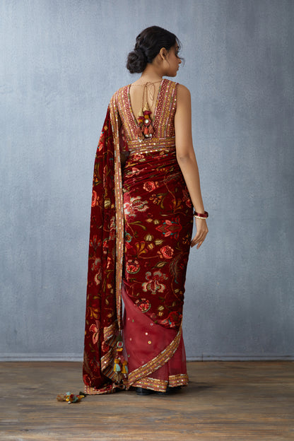 Red Organza Half &amp; half saree with printed Pallu in Silk velvet
