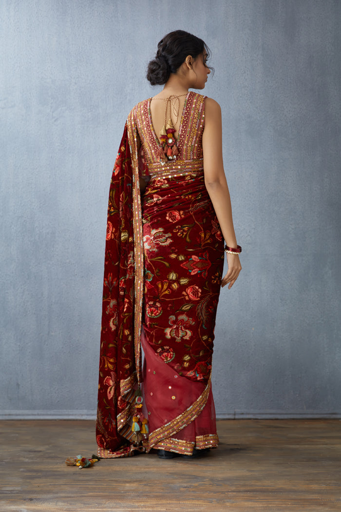Red Organza Half & half saree with printed Pallu in Silk velvet