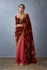 Red Organza Half & half saree with digital printed Silk velvet Pallu