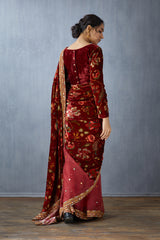 Red Organza and silk velvet Half & half saree with heavy border