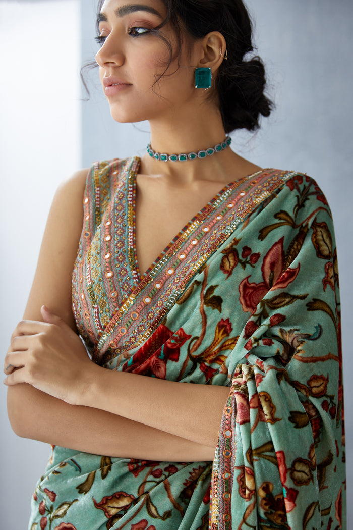 half & half saree with hand embroidered border