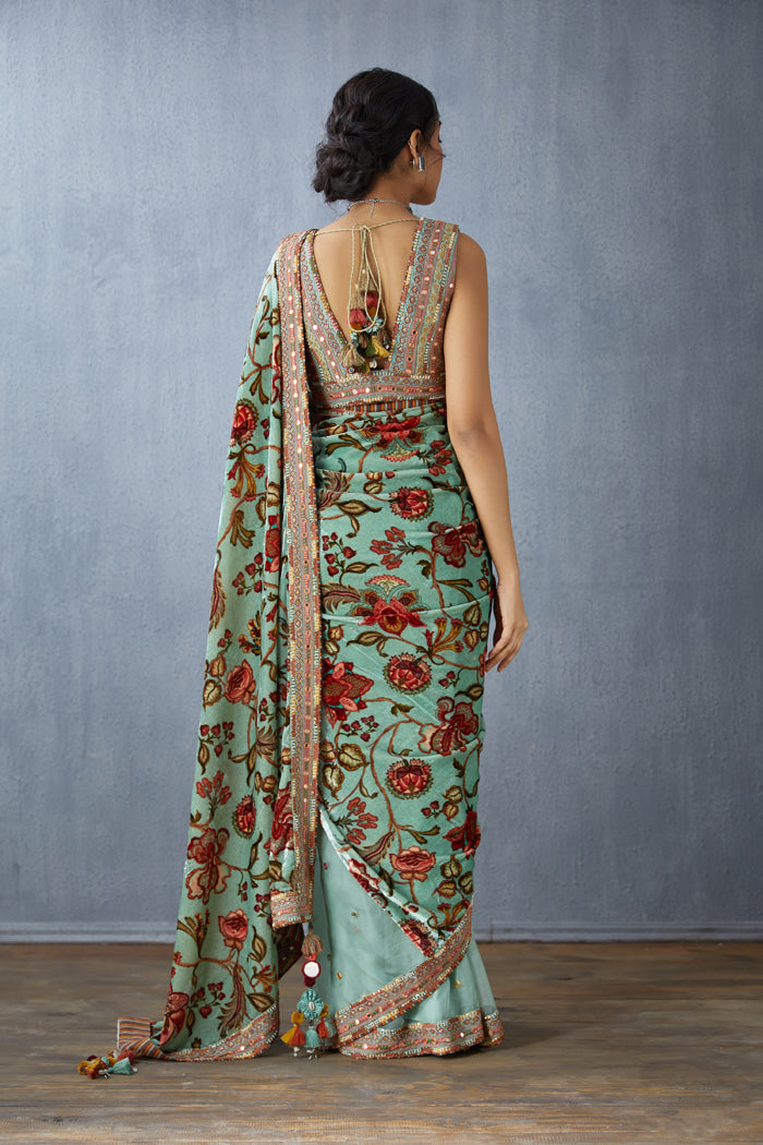 organza half & half saree with Pallu in silk velvet