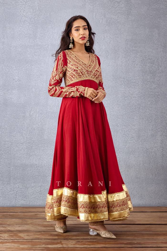 Red Anarkali set with Dori Embroidery
