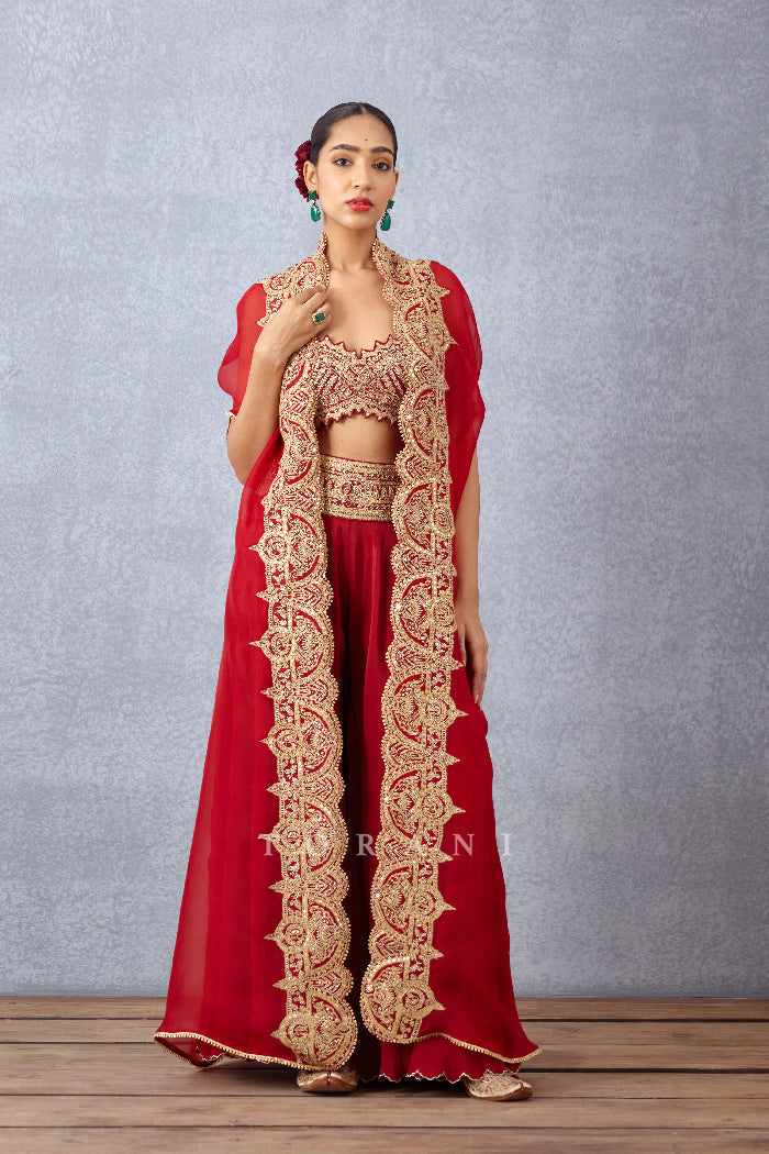 Red embroidered Cape set by Torani