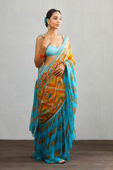 Blue & orange chiffon saree