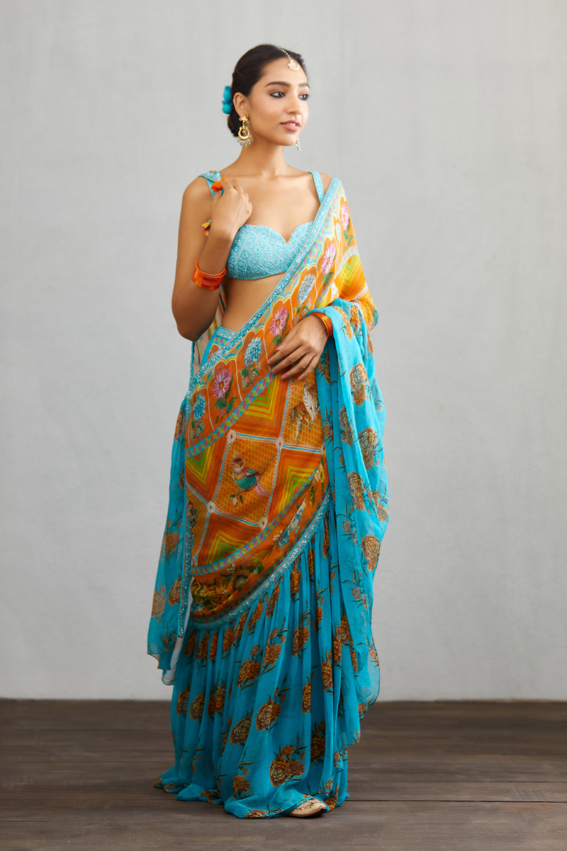 Blue & orange chiffon saree