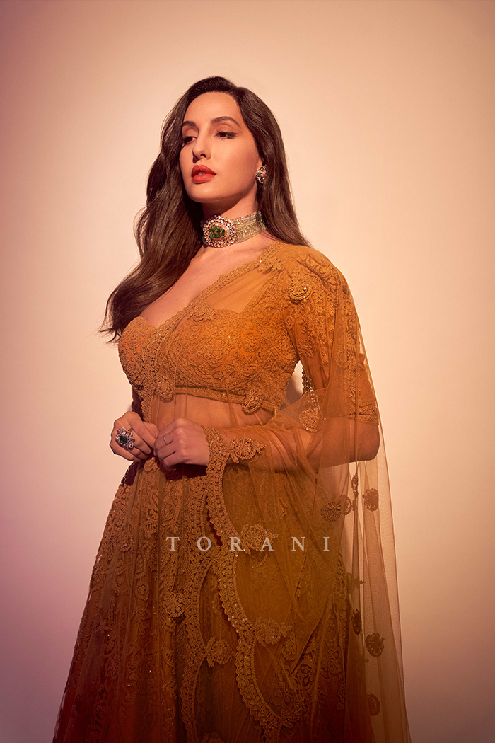 Nora Fatehi in Embroidered Net Lehenga Set from Torani