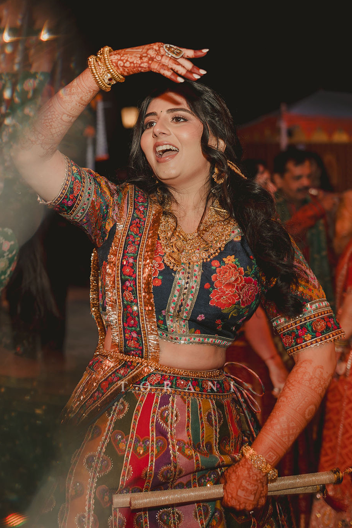 Jinali and Harshit in our Dil Rangrez Jiya Lehenga Set and Custom Dil Rang Ebi Bandi Set