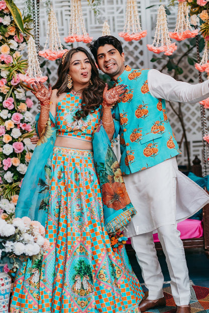 Juhi with Her Partner in Our Custom Lehenga &amp; Bandi Set