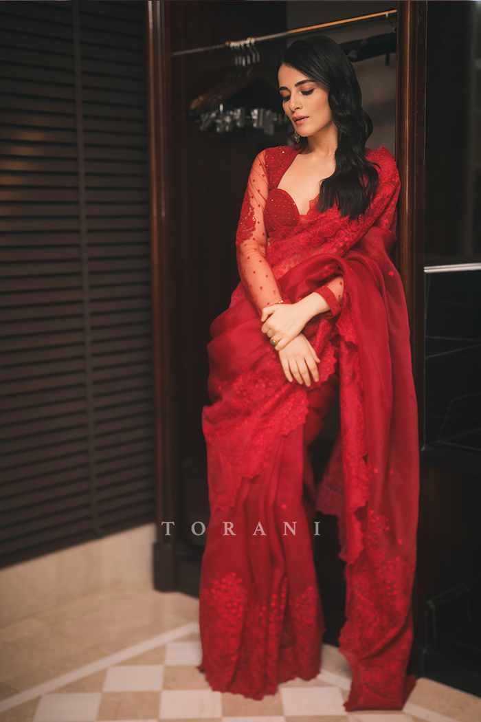 Radhika Madan in our Surkh Farrin Saree Set
