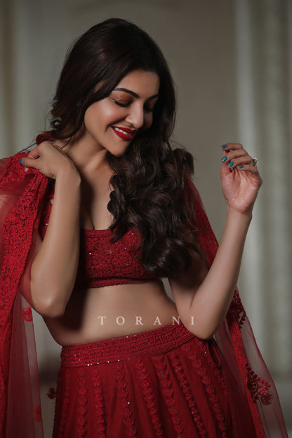 Kajal Aggarwal Kitchlu in our Surkh Mrinal Lehenga Set