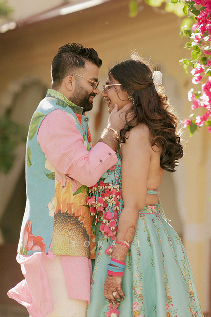 Rasalica and Abhishek in our Firoza Arshneer Lehenga Set &amp; Custom Firoza Bandi