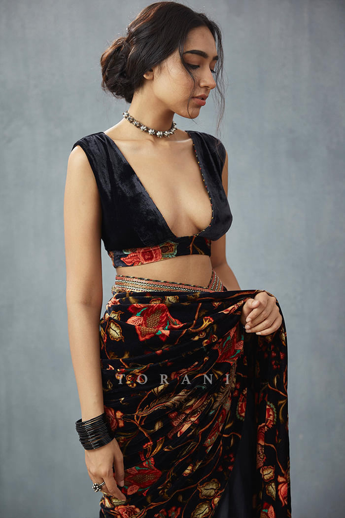 black luxury deep neck blouse in silk velvet