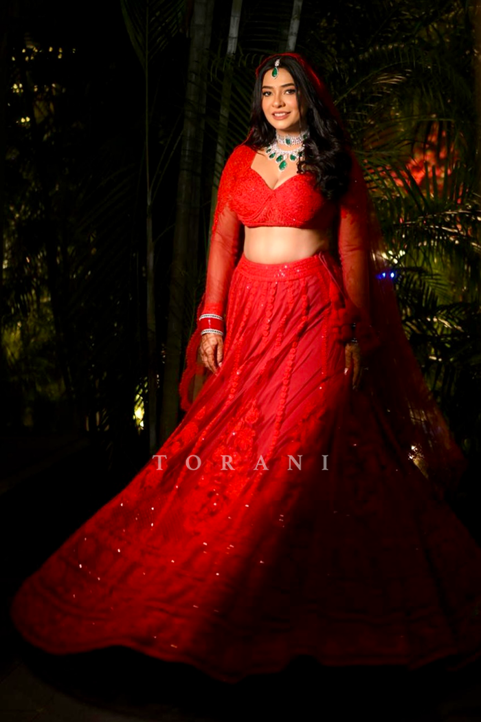 Aaztha Sharma In Our Custom Surkh Mrinal Lehenga Set