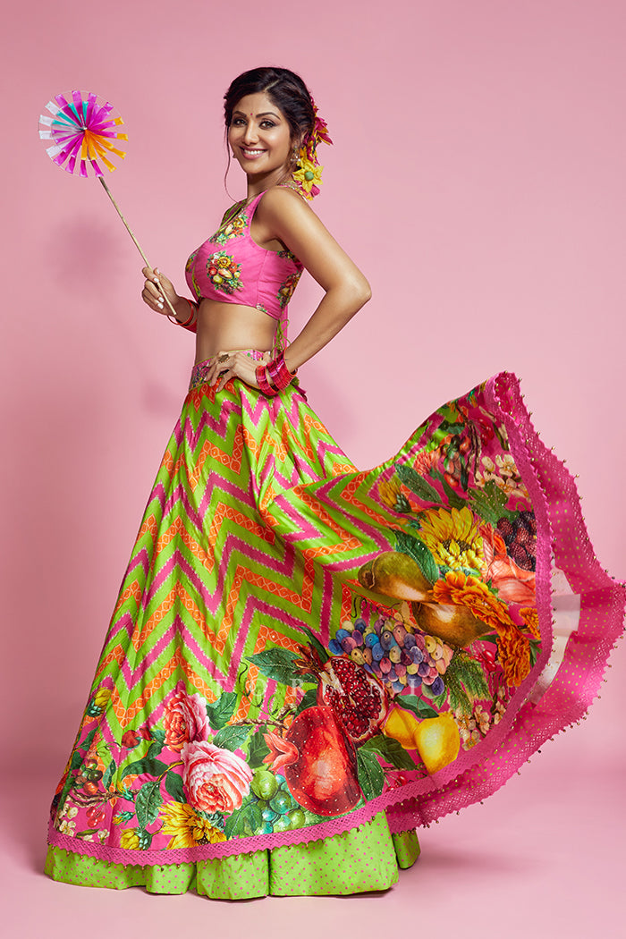 Shilpa Shetty Kundra in Printed Gold Embroidery HANDWOVEN CHANDERI Lehenga SET