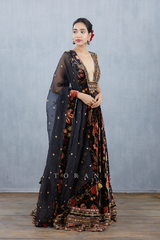 digital printed anarkali dress in silk velvet with dupatta