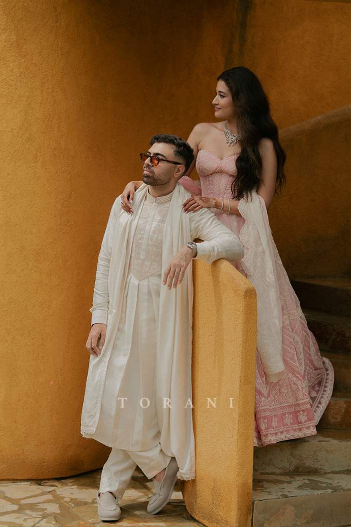 Shruti Bhargava &amp; Shubham Torani in our Gulaban Ayra Lehenga Set and Mogra Vedant Kurta Set