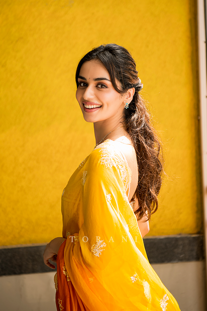 Manushi Chhillar in our Kasmai Gairik Brinda Saree Set