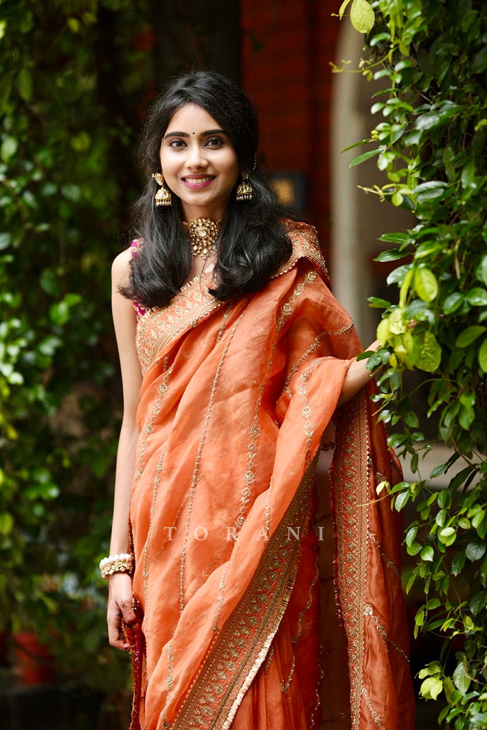 Indulekha in our Custom Pukhraj Ramani Bhavini Saree Set