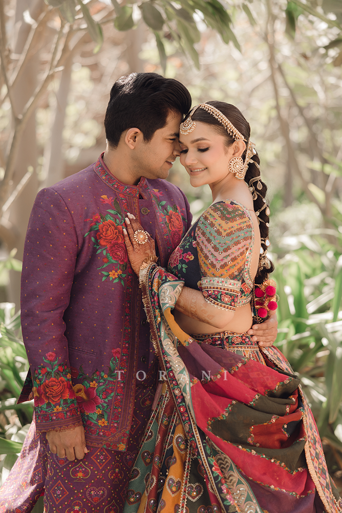 Kesar &amp; Dhairya in our Dil Rangrez Jiya Lehenga Set and Dil Kusha Arham Jacket Set