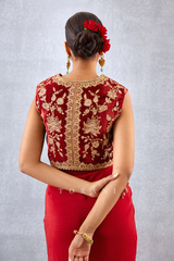 Bright Red Embroidered Vest with Blouse and draped Dhoti