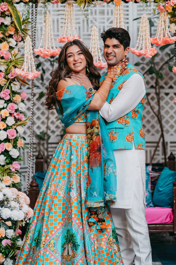 Juhi with Her Partner in Our Custom Lehenga &amp; Bandi Set