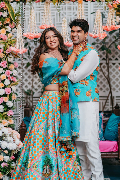 Juhi with Her Partner in Our Custom Lehenga &amp; Bandi Set