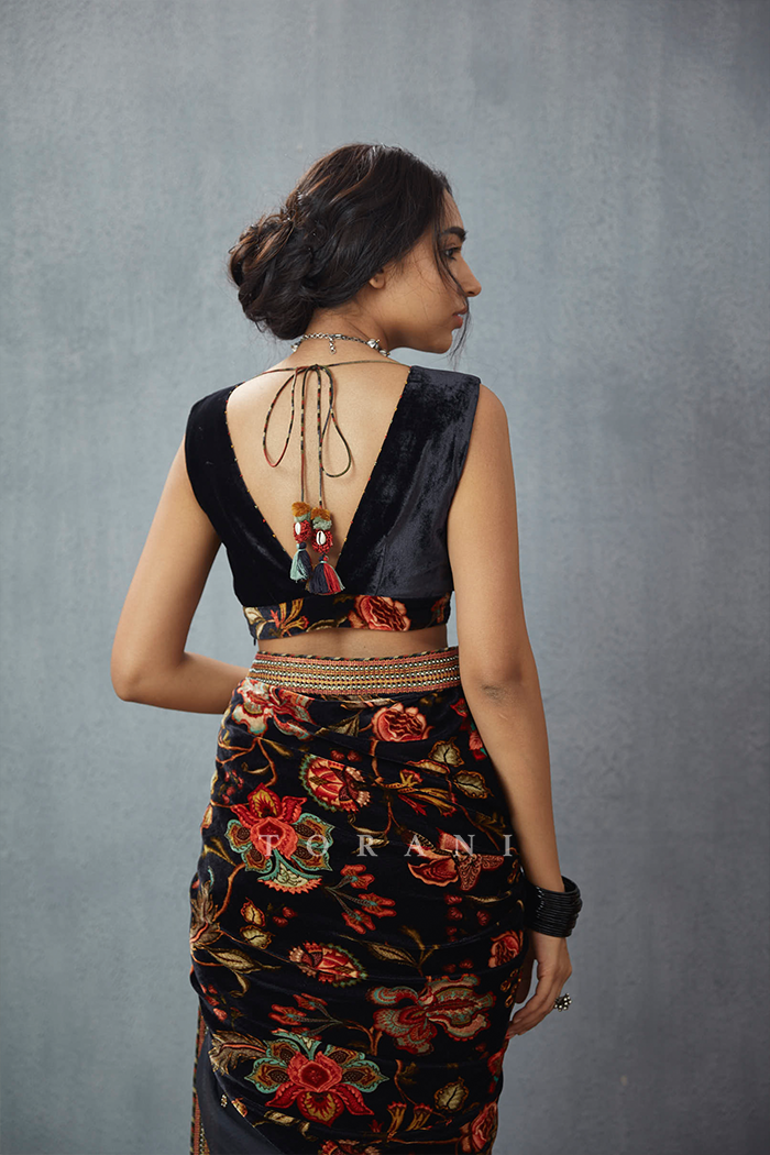 V neck blouse in silk velvet by Torani India