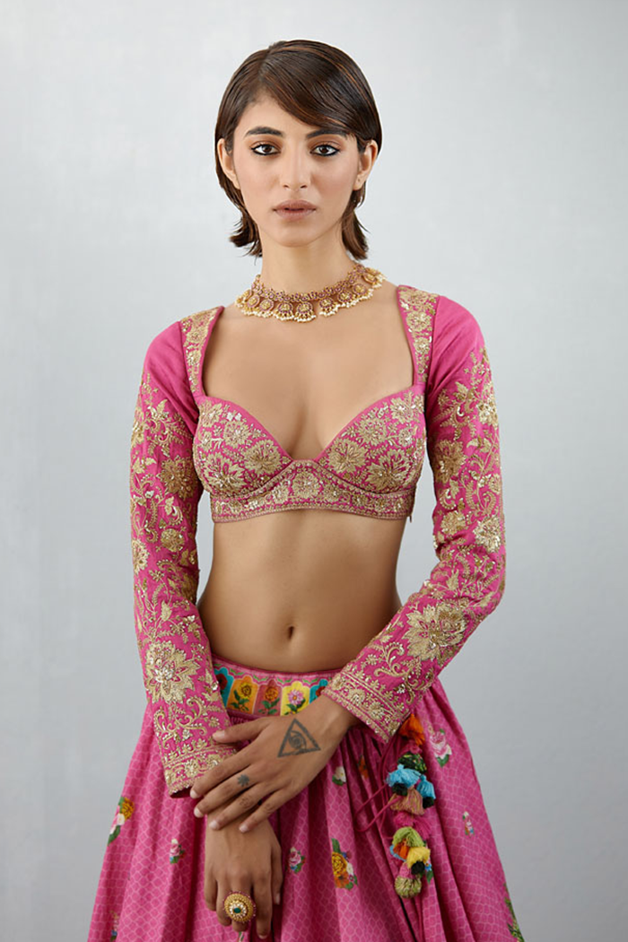 hand embroidered full sleeve pink blouse for lehenga
