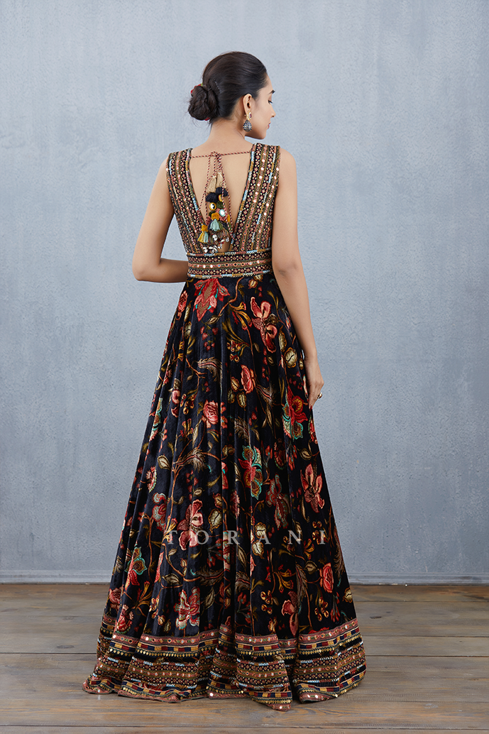 digital printed Long anarkali in silk velvet