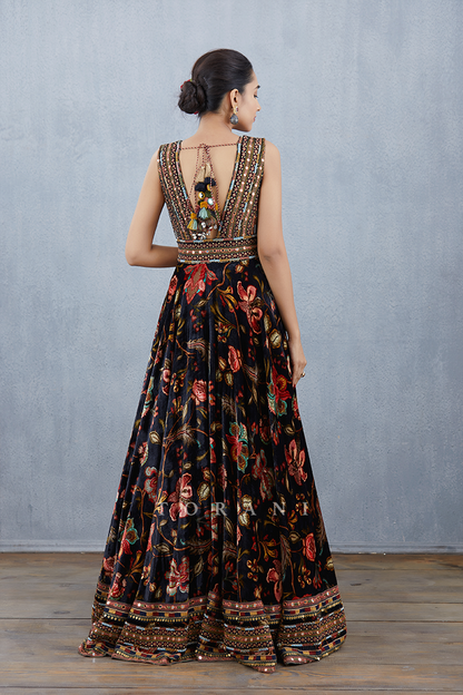digital printed Long anarkali in silk velvet