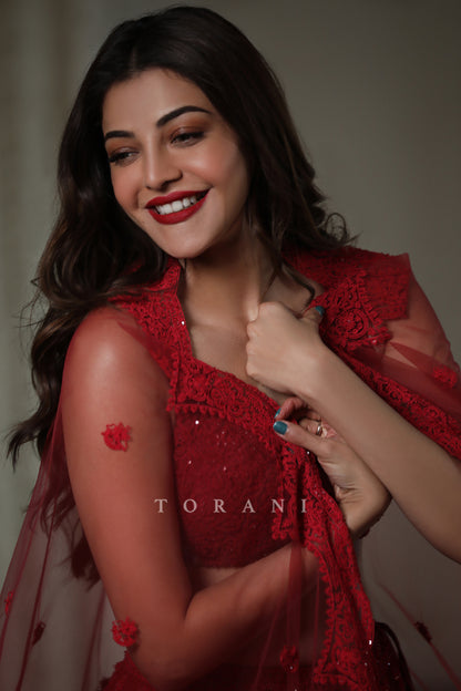 Kajal Aggarwal Kitchlu in our Surkh Mrinal Lehenga Set