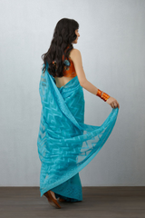 Blue embroidered saree in luxurious organza fabric