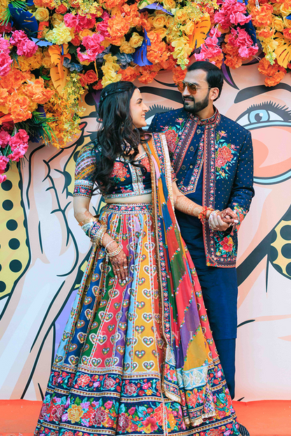 Radhika &amp; Abhishek in our Dil Rangrez Jiya Lehenga Set and Custom Dil Rang Arham Jacket Set